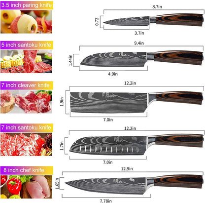 MDHAND 5-piece stainless steel kitchen knife set with comfortable grips, includes chef, bread, santoku, vegetable, and paring knives.