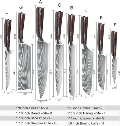 MDHAND 8-teilig Küchenmesser Set with ergonomic pakkaholz handles, professional sharp chef knives in a carrying case for home or restaurant.