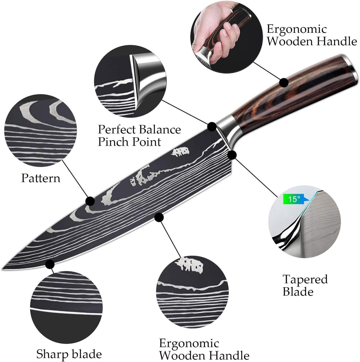 MDHAND 5-piece stainless steel kitchen knife set with ergonomic handles, includes chef, bread, santoku, and vegetable knives.
