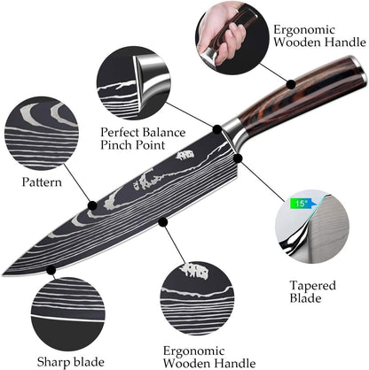 MDHAND 5-piece stainless steel kitchen knife set with ergonomic handles, includes chef, bread, santoku, and vegetable knives.