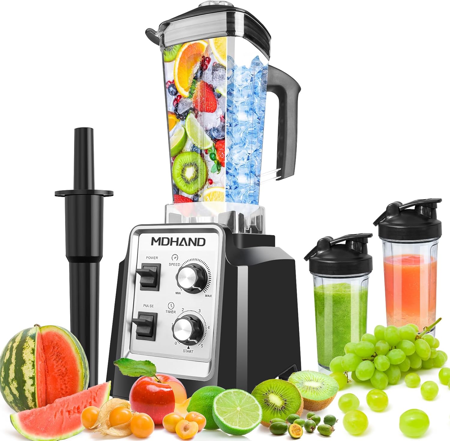 MDHAND 1400W professional kitchen blender with 68 oz pitcher, two 18 oz cups, ideal for smoothies, frozen drinks, and ice crushing
