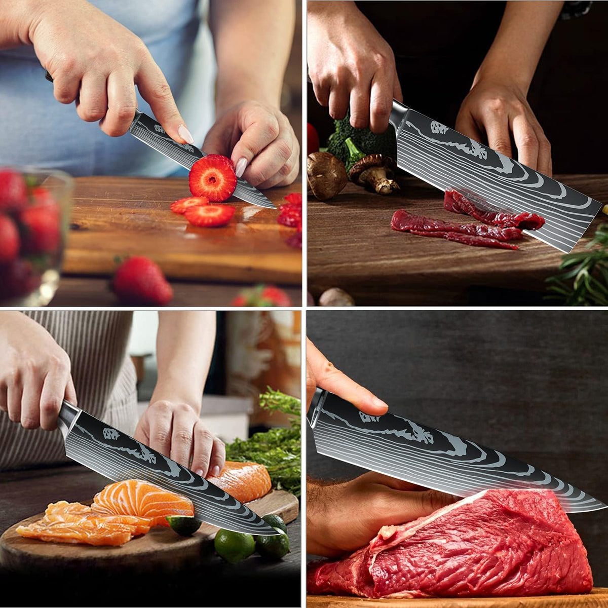 MDHAND Küchenmesser Set with 8 professional chef's knives, ergonomic pakkaholz handles, stored in a travel pouch.