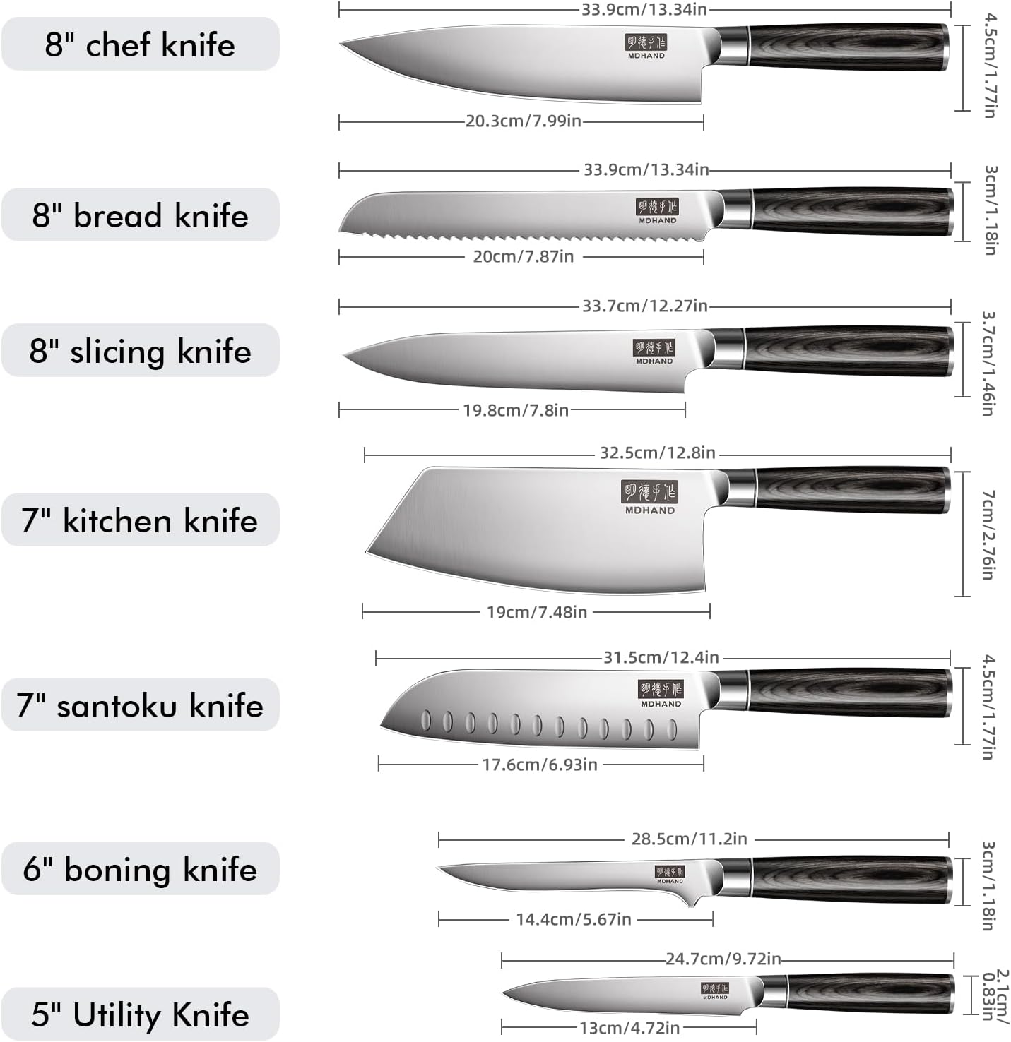 MDHAND 7-teilig Küchenmesser Set with stainless steel blades, ergonomic wood handles, and gift box for professional cooking.
