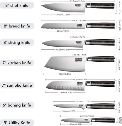MDHAND 7-teilig Küchenmesser Set with stainless steel blades, ergonomic wood handles, and gift box for professional cooking.