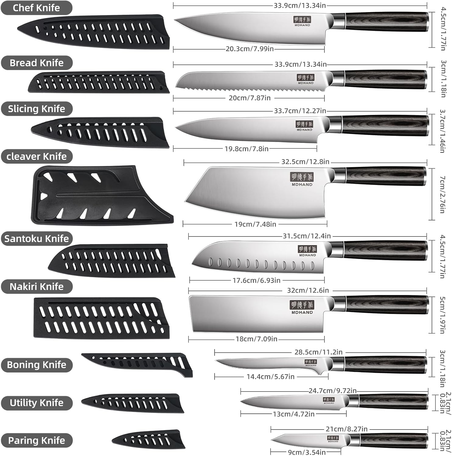 MDHAND 10-piece chef knife set with roll bag, high carbon stainless steel Japanese kitchen knives, black pakkawood handles, dishwasher safe