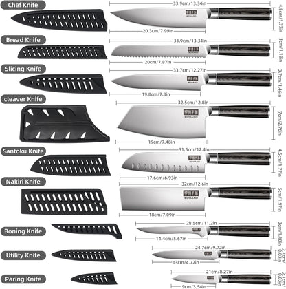 MDHAND 10-piece chef knife set with roll bag, high carbon stainless steel Japanese kitchen knives, black pakkawood handles, dishwasher safe
