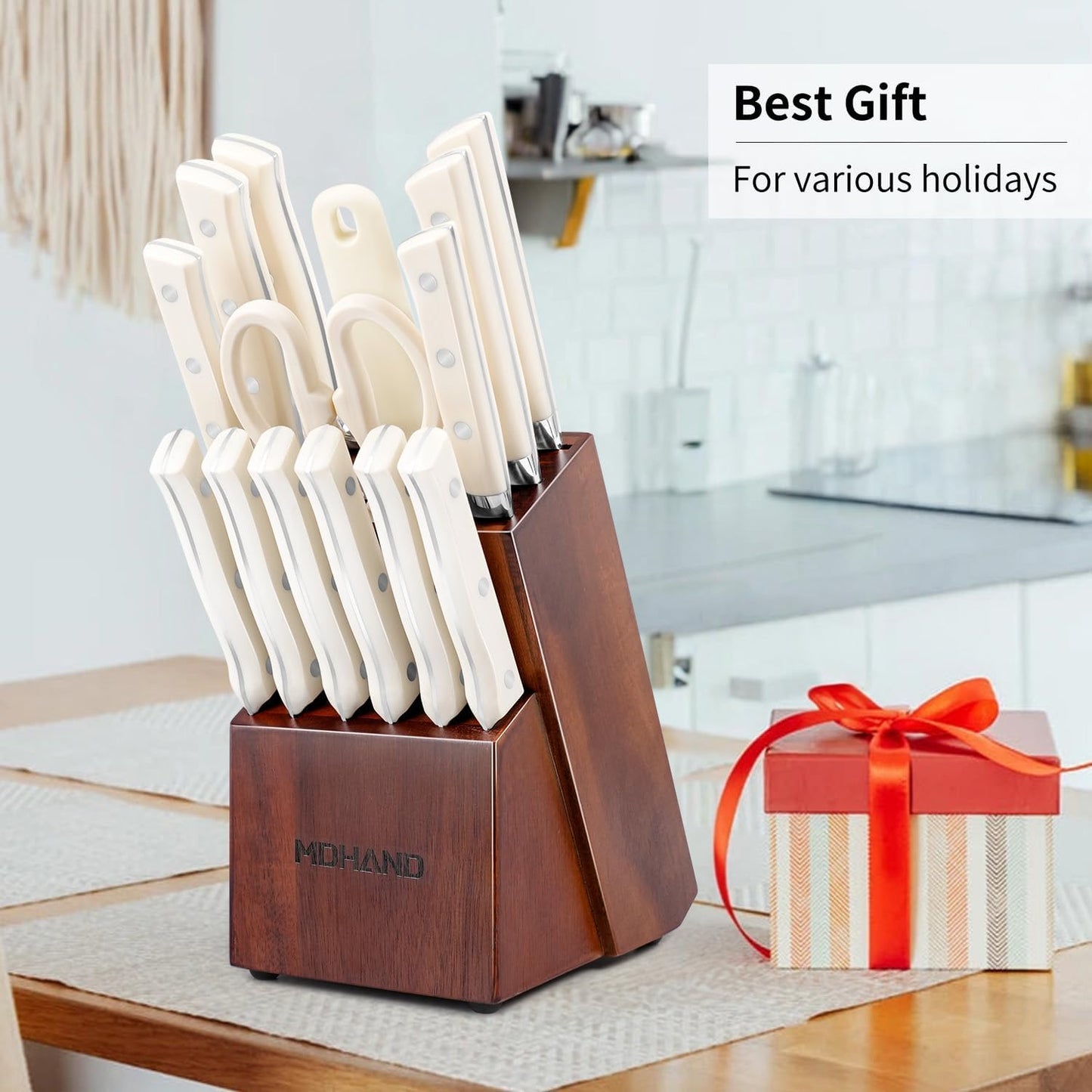 MDHAND 6-piece professional knife block set with kitchen knives, steak knives, scissors, sharpener, and knife holder.