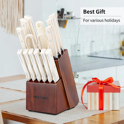 MDHAND 6-piece professional knife block set with kitchen knives, steak knives, scissors, sharpener, and knife holder.