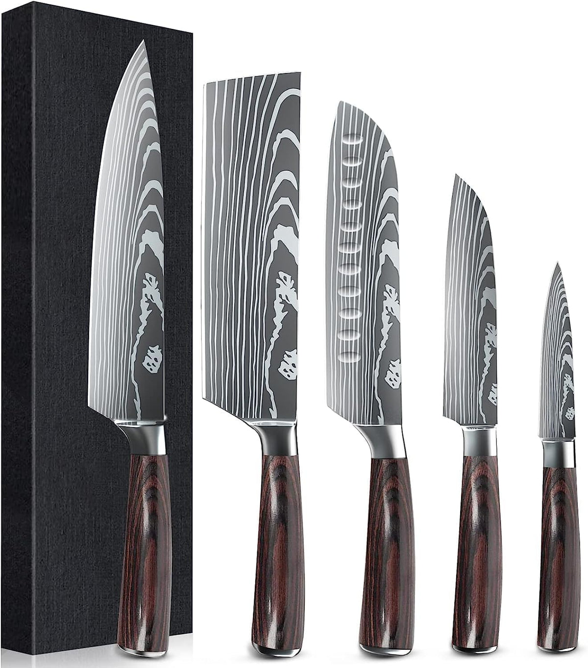 MDHAND 5-piece stainless steel kitchen knife set with comfortable handles, including chef’s, bread, santoku, and vegetable knives.