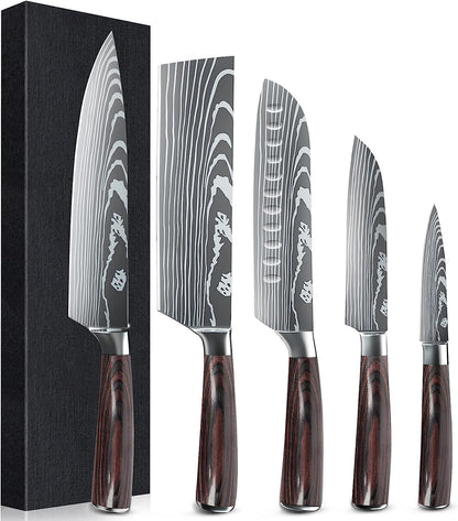 MDHAND 5-piece stainless steel kitchen knife set with comfortable handles, including chef’s, bread, santoku, and vegetable knives.