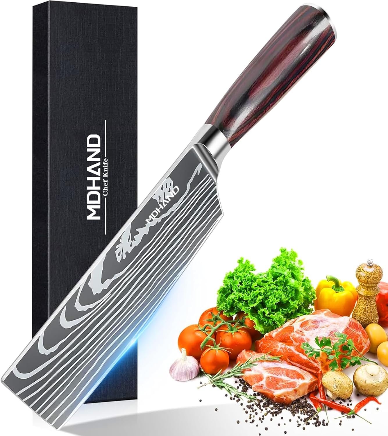 MDHAND 8-inch Japanese chef knife with high carbon German stainless steel blade and ergonomic pakkawood handle for precise cooking.