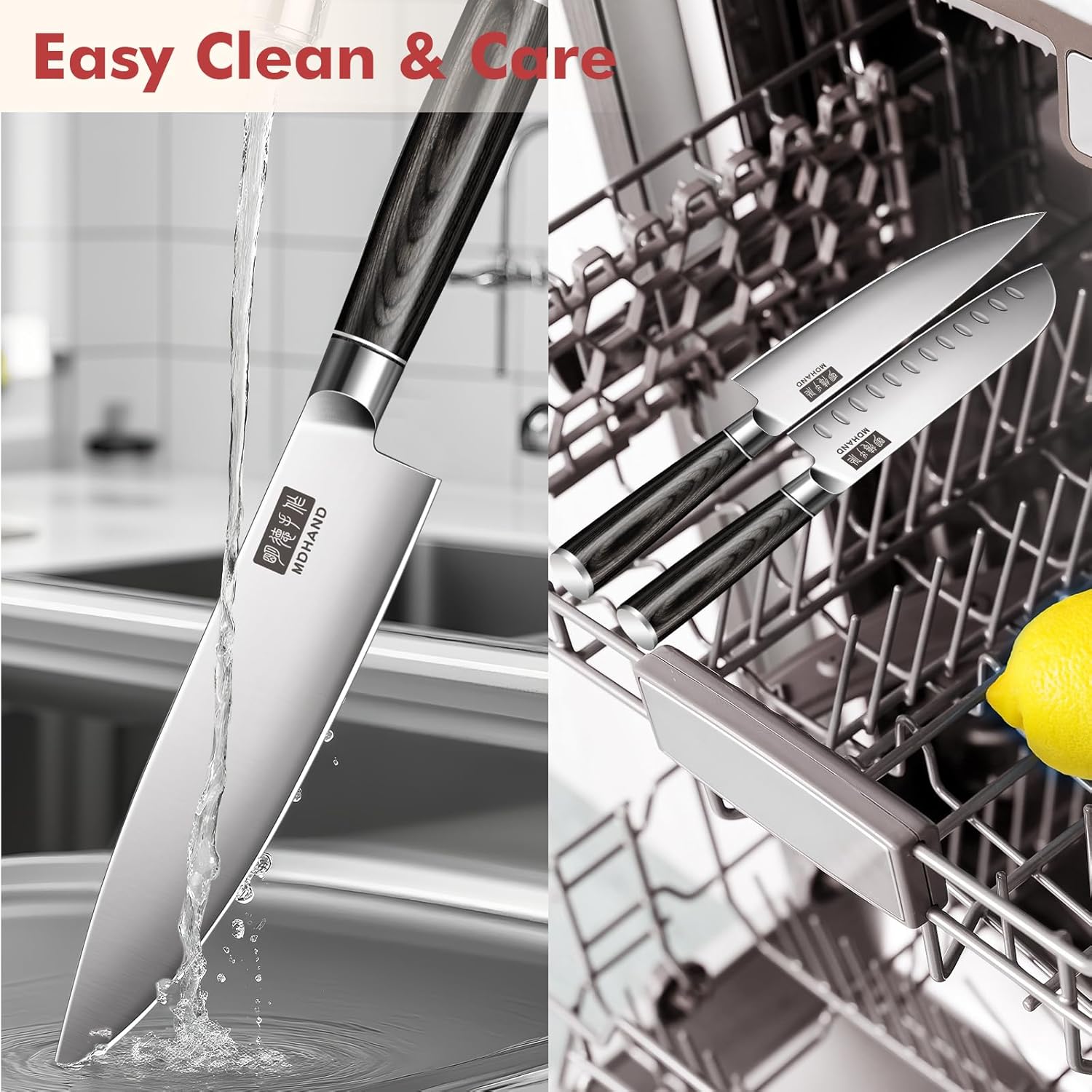 MDHAND 3-piece professional kitchen knife set with German high-carbon stainless steel, including a chef's knife, Santoku, and utility knife