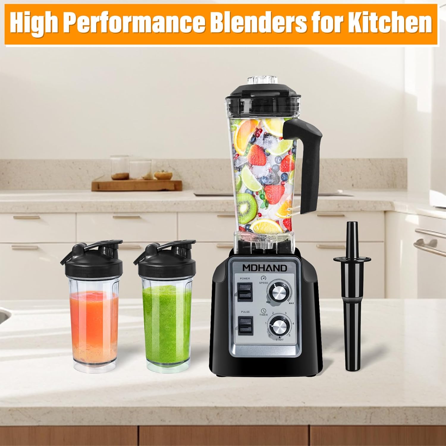 MDHAND 1400W professional kitchen blender with 68 oz pitcher and two 18 oz cups, ideal for smoothies, frozen drinks, and ice crushing