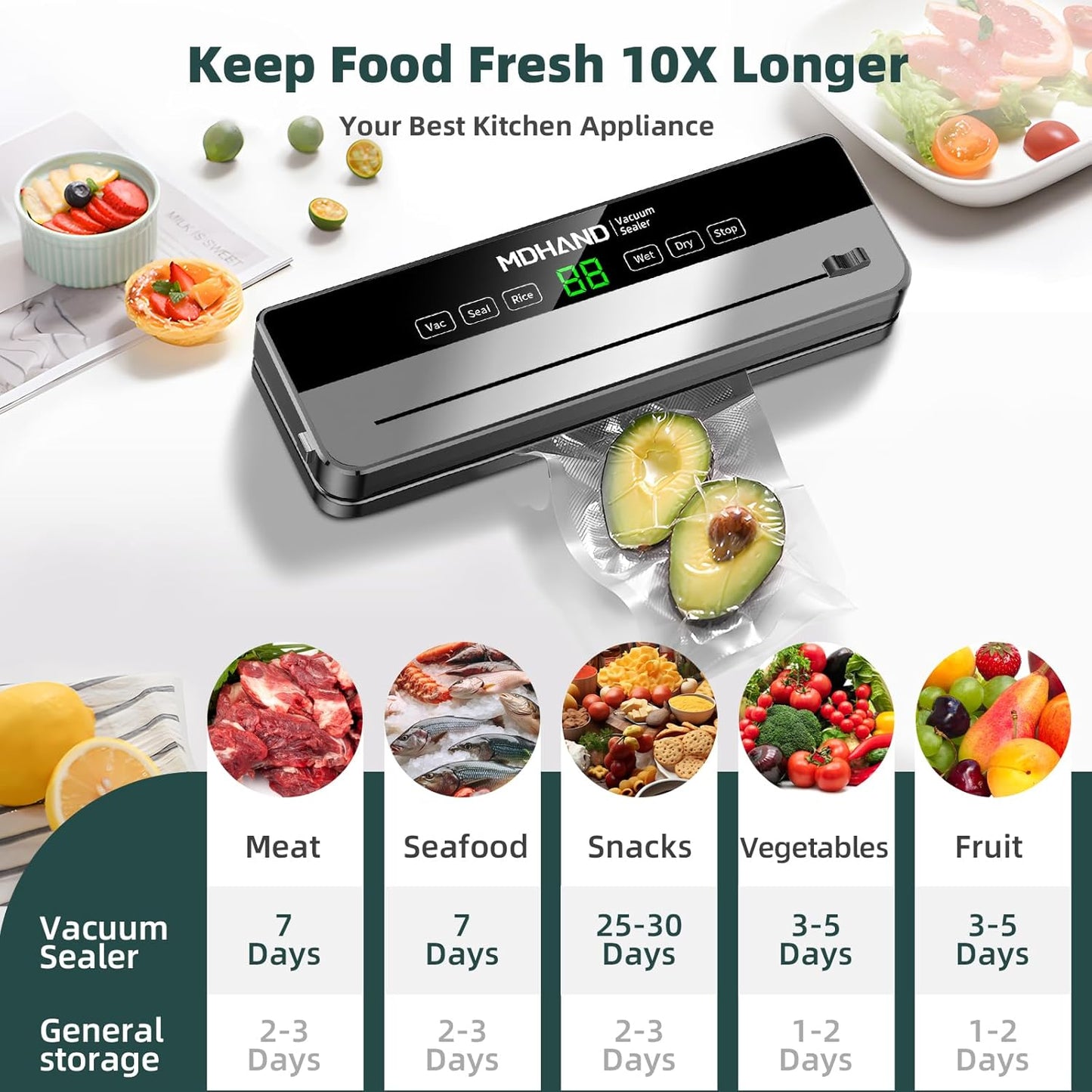 MDHAND vacuum sealer machine with built-in cutter, 6-in-1 food saver, 30 bags, strong suction, automatic sealing for home kitchens