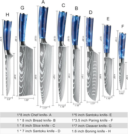 MDHAND 8-piece professional kitchen knife set with high carbon stainless steel chef knives and carrying case for precise food prep.
