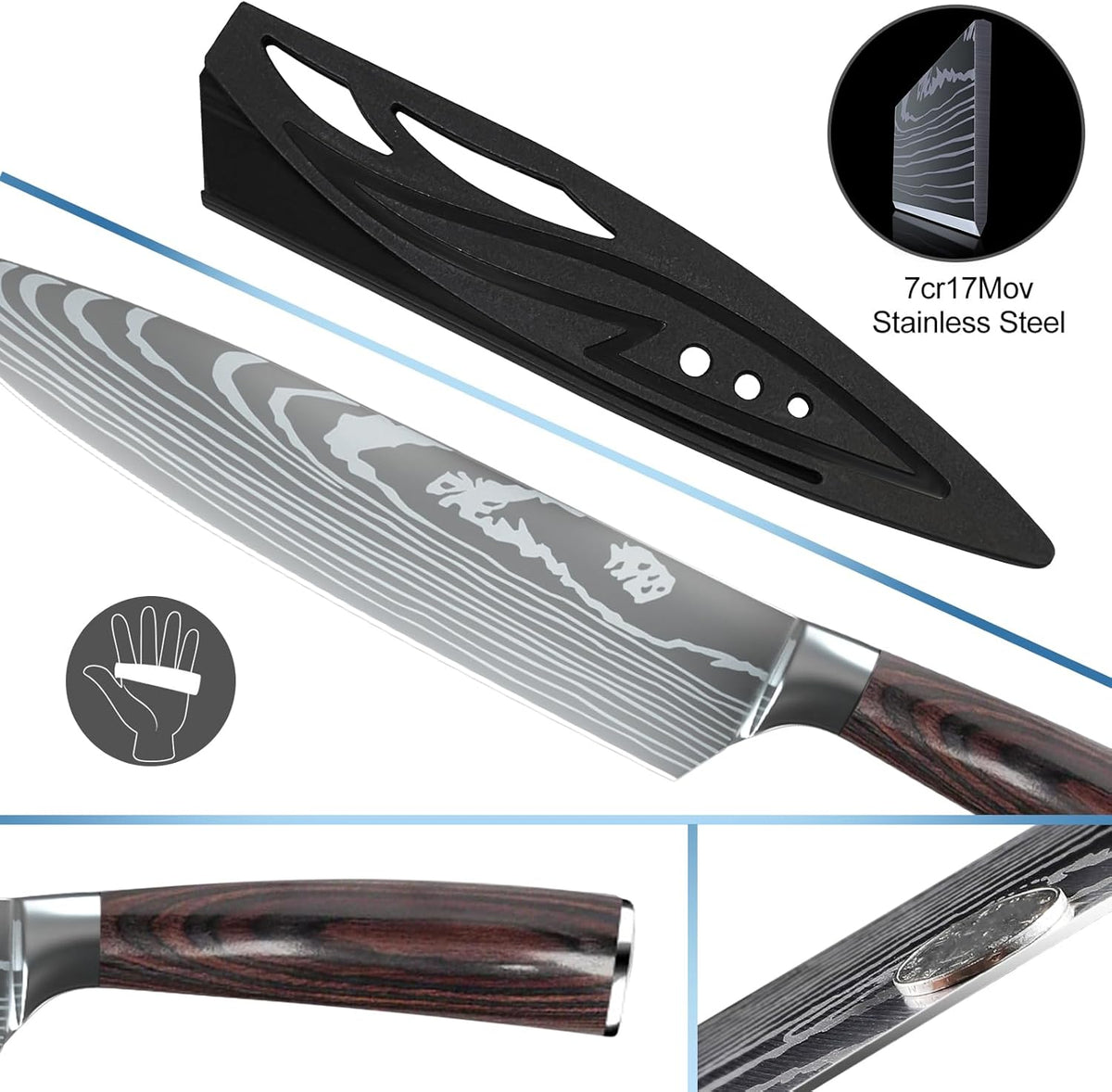 MDHAND 8-piece professional kitchen knife set with ergonomic pakkaholz handles, includes a carrying case for home and restaurant use
