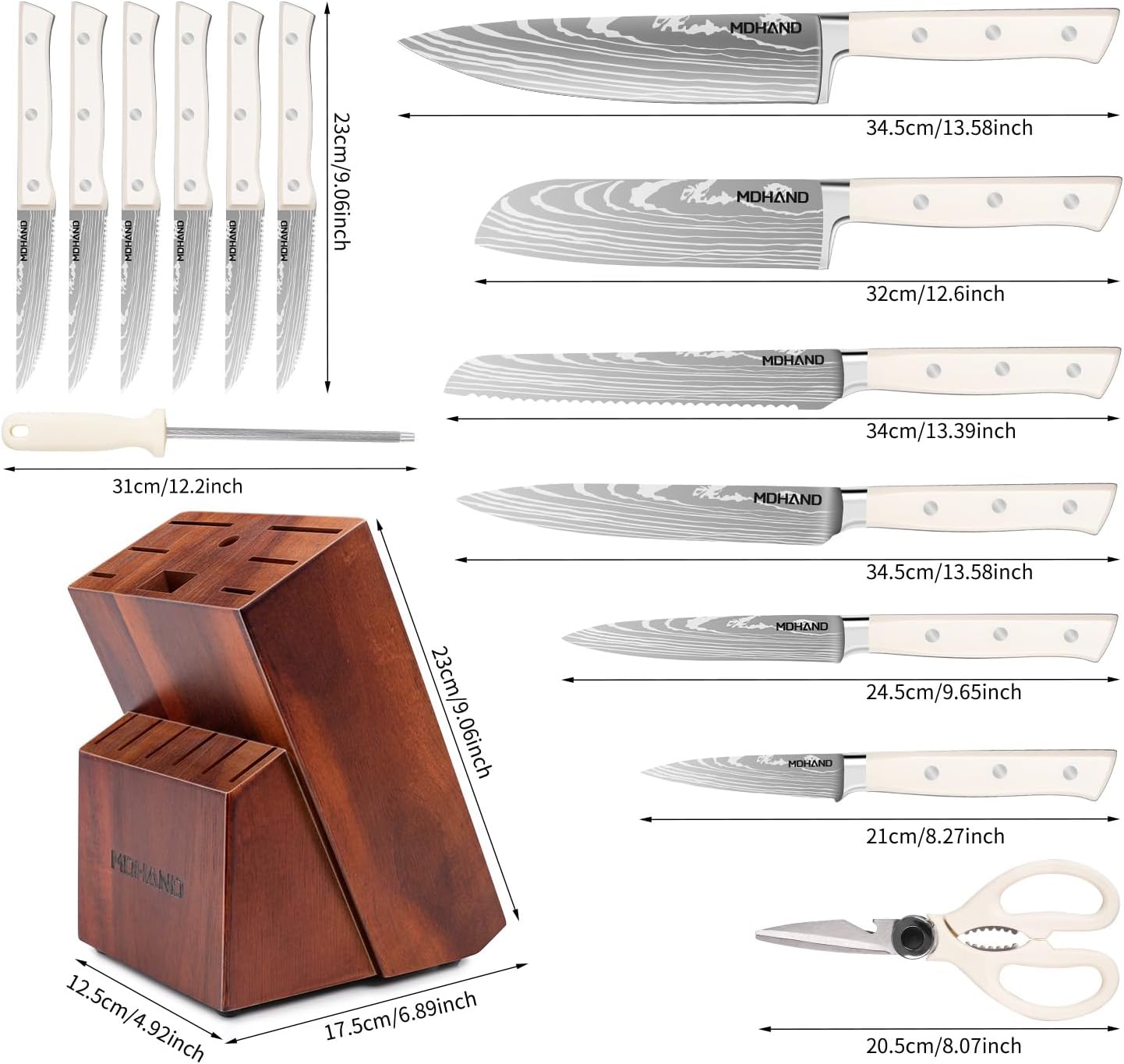 MDHAND 6-piece kitchen knife set with block, steak knives, scissors, and sharpener, high-quality professional chef’s knife collection