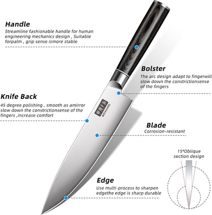 MDHAND chef knife set with roll bag, 10-piece high carbon stainless steel Japanese kitchen knives with black pakkawood handles.