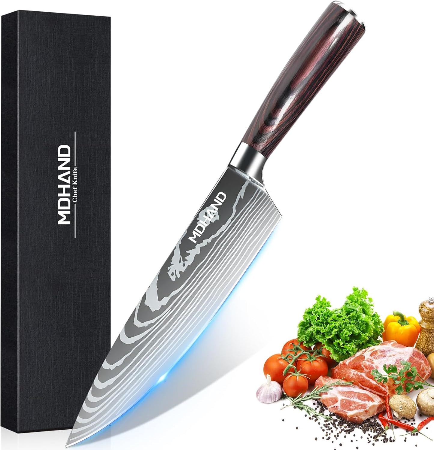 MDHAND 8-inch Japanese chef knife with high carbon German stainless steel blade and ergonomic pakkawood handle for precise cutting