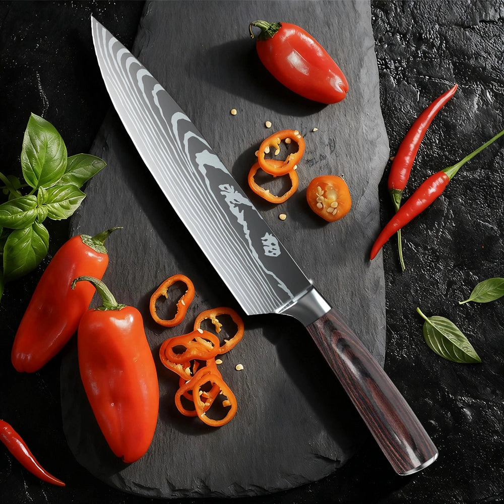 MDHAND 3-Piece Red Wood Handle Knife Set, Includes Santoku Chef Paring Knife
