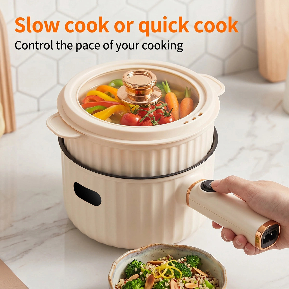 MDHAND 1.8L Electric Hot Pot with Steamer, Cream White Nonstick Cooking Pot