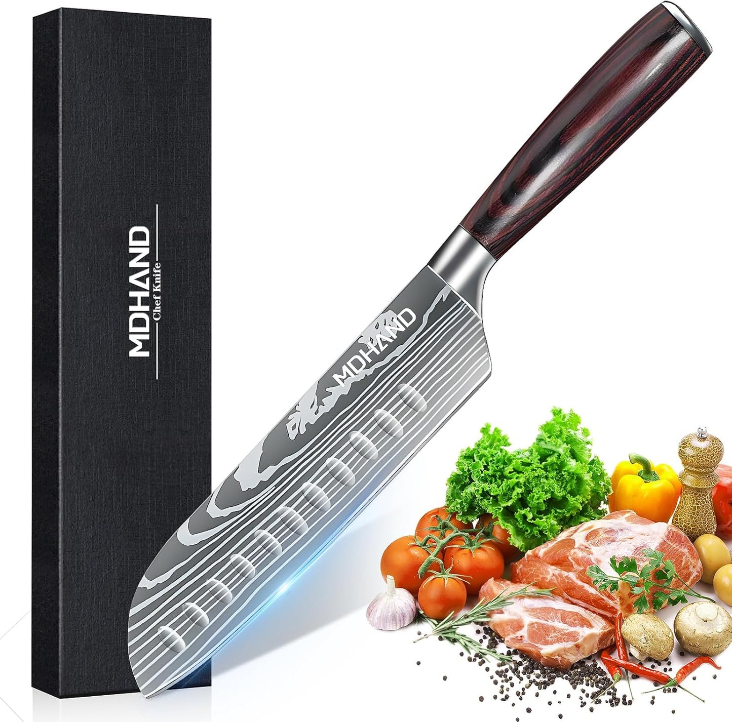 MDHAND 8-inch Japanese chef knife with high carbon German stainless steel blade and ergonomic pakkawood handle for precise cutting