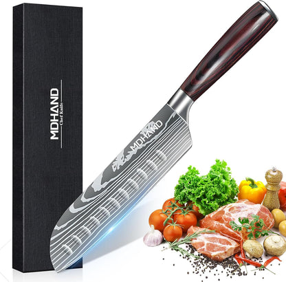MDHAND 8-inch Japanese chef knife with high carbon German stainless steel blade and ergonomic pakkawood handle for precise cutting