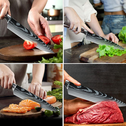 MDHAND 8-piece professional kitchen knife set with ergonomic pakkaholz handles and carrying case for home and restaurant use