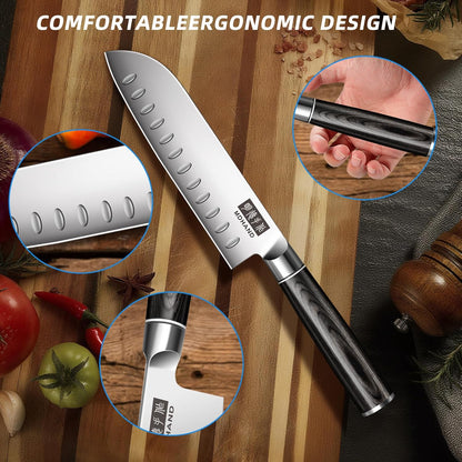 MDHAND chef knife set with roll bag, 10-piece Japanese high carbon stainless steel kitchen knives with black pakkawood handles.