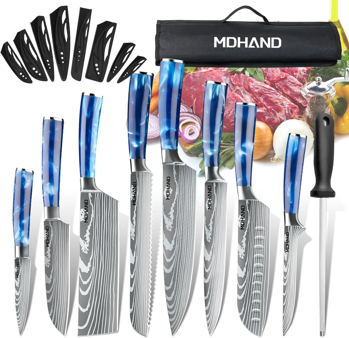 MDHAND 8-piece professional kitchen knife set with high carbon stainless steel chef knives and carrying case for precision cooking.