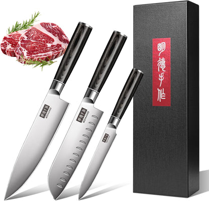 MDHAND 3-piece kitchen knife set with German high-carbon stainless steel, including chef’s, Santoku, and utility knives.