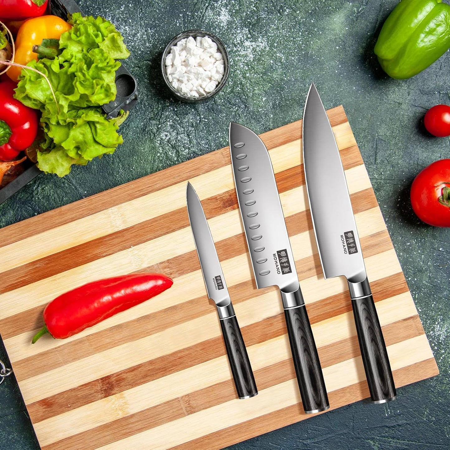 MDHAND 3-piece professional kitchen knife set with German high-carbon stainless steel, including chef's, Santoku, and utility knives.