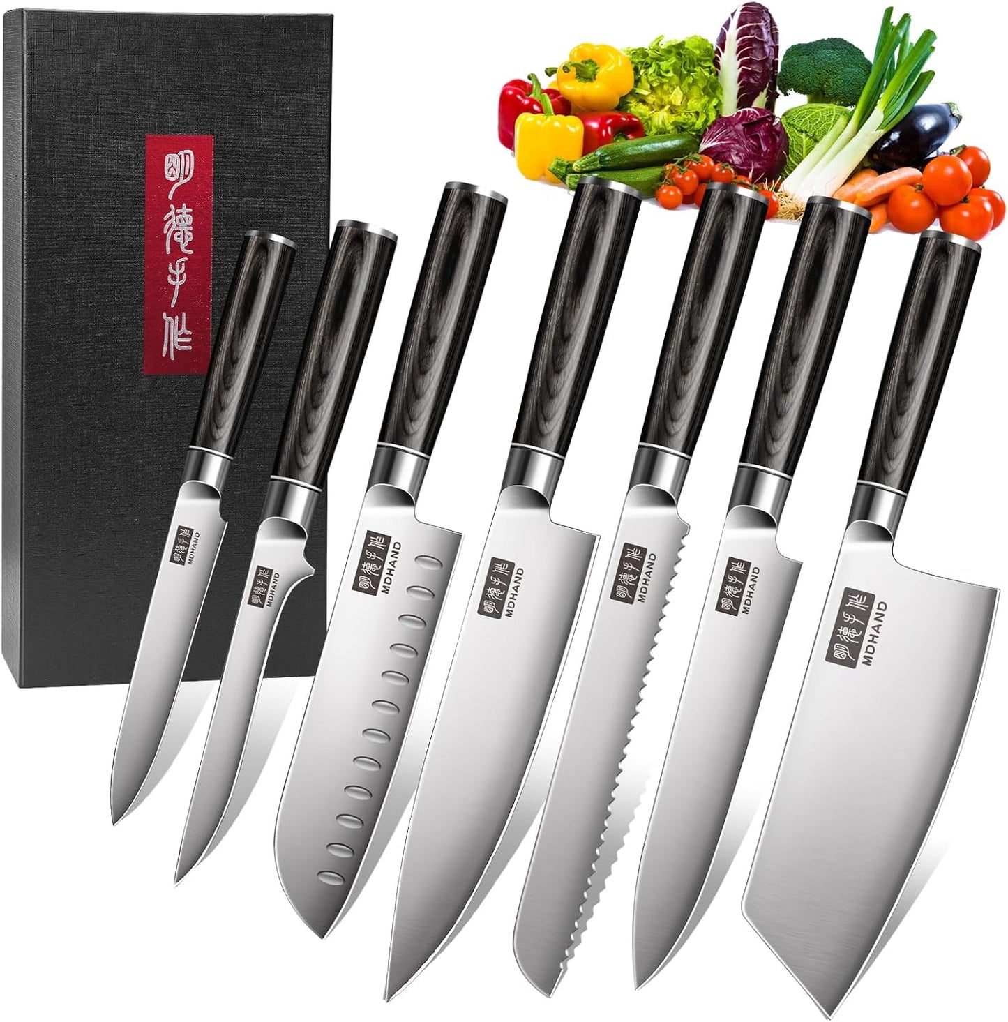 MDHAND 7-teilig Küchenmesser Set with high-quality stainless steel blades, ergonomic wood handles, and gift box packaging.