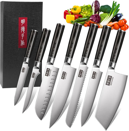 MDHAND 7-teilig Küchenmesser Set with high-quality stainless steel blades, ergonomic wood handles, and gift box packaging.