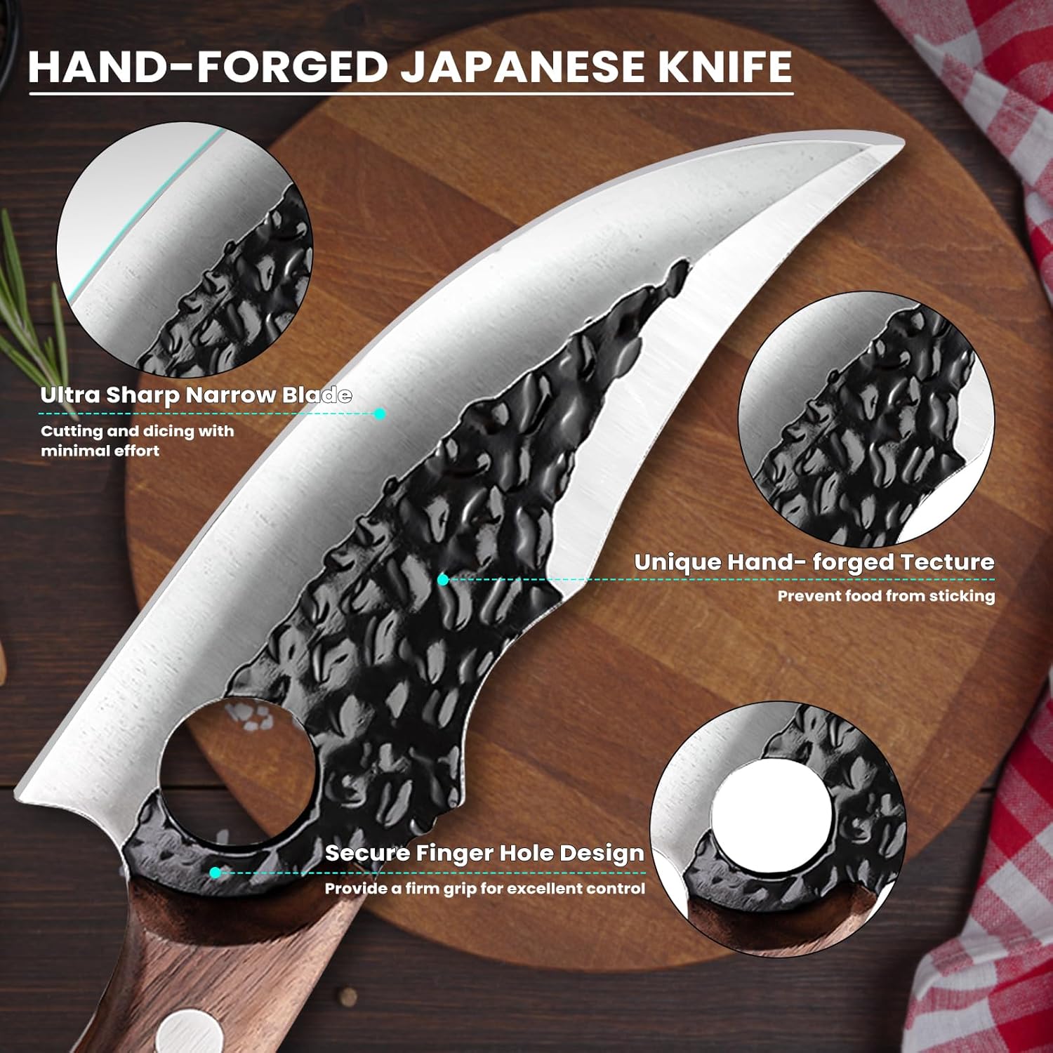 MDHAND chef knife with high carbon steel blade, leather sheath, and gift box, ideal for meat cutting, camping, outdoor, and BBQ.