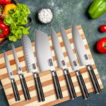 MDHAND 7-teilig Küchenmesser Set with stainless steel blades and ergonomic wood handles, includes gift box, ideal for professional cooking.