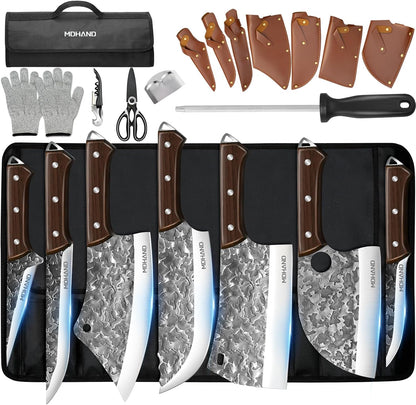 MDHAND 14-piece kitchen chef knife set with high carbon steel, includes butcher, meat cleaver, boning, Viking knives, and knife bag
