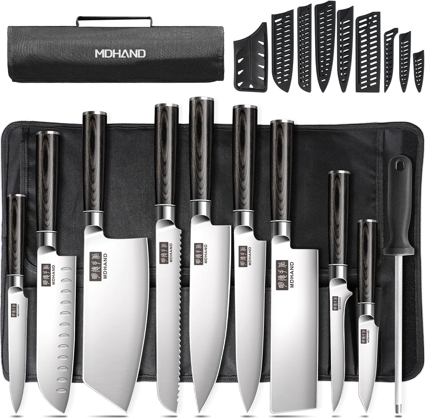 MDHAND 10-piece chef knife set with roll bag, high carbon stainless steel Japanese kitchen knives with black Pakkawood handles.