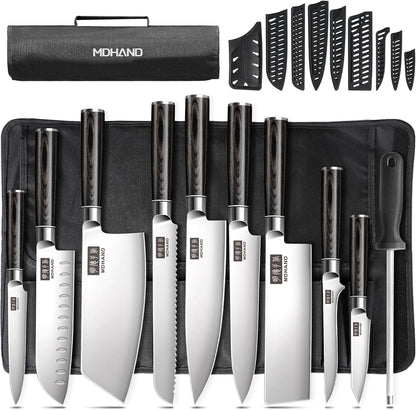 MDHAND 10-piece chef knife set with roll bag, high carbon stainless steel Japanese kitchen knives with black Pakkawood handles.