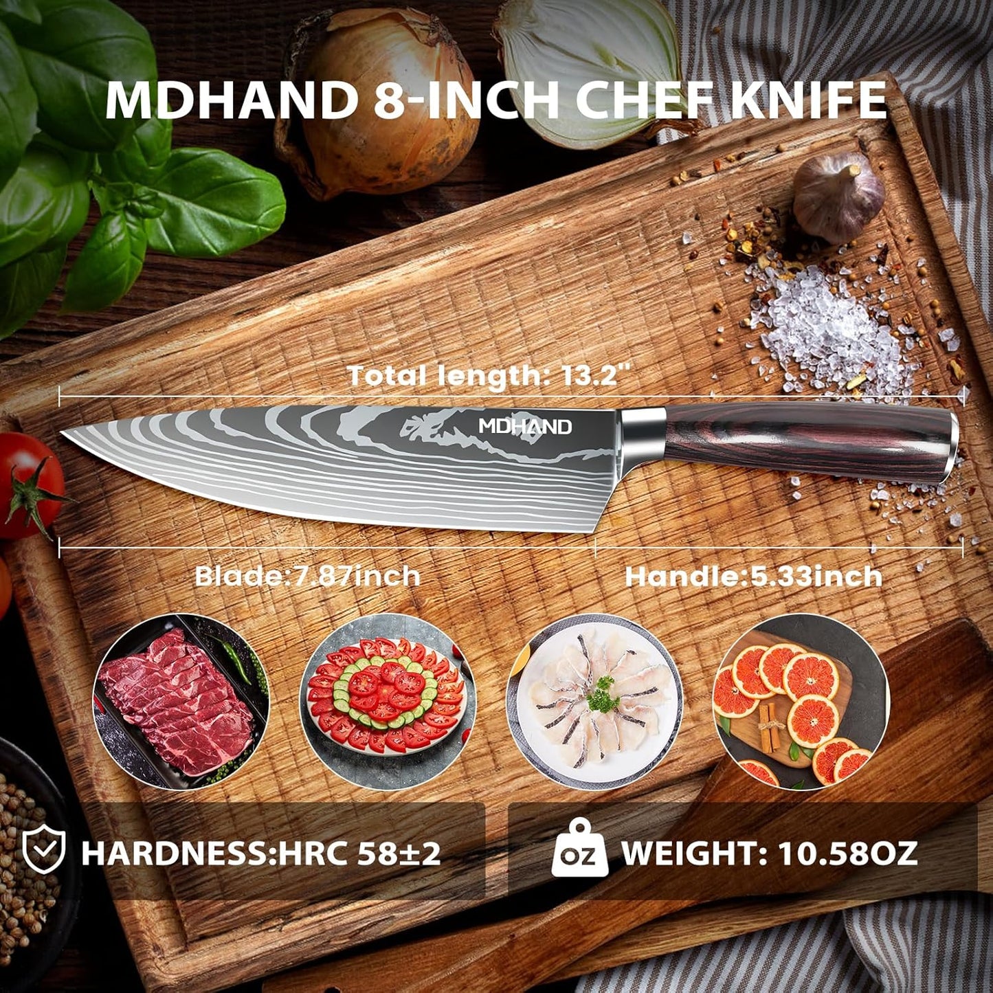MDHAND 8-inch Japanese chef knife with high carbon German stainless steel blade and ergonomic pakkawood handle, gift box included