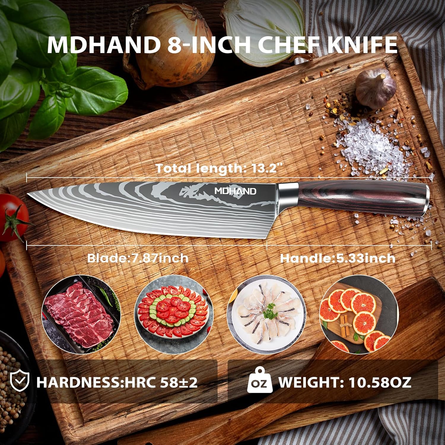 MDHAND 8-inch Japanese chef knife with high carbon German stainless steel blade and ergonomic pakkawood handle, gift box included