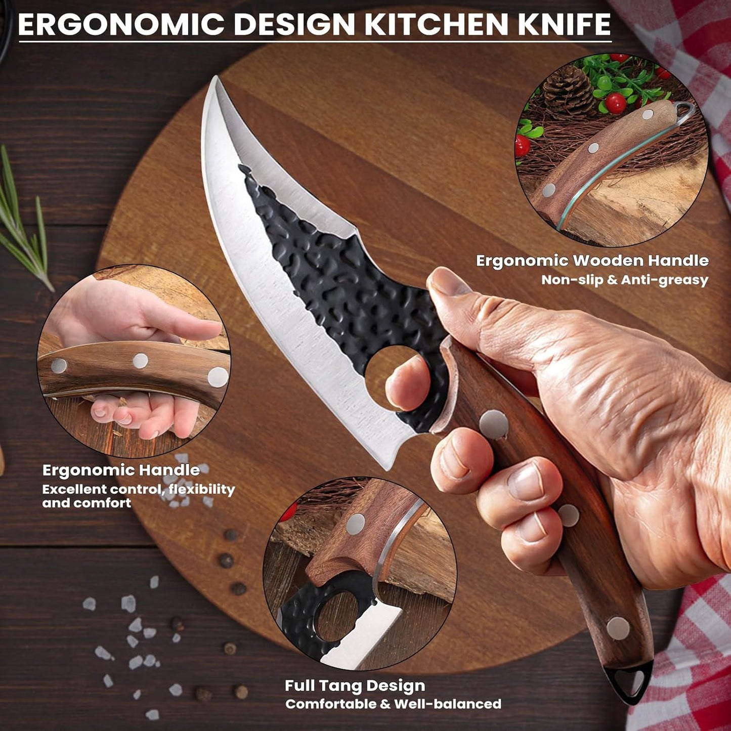 MDHAND chef knife with high carbon steel blade, wooden handle, sheath, and gift box, ideal for meat cutting, camping, and outdoor cooking