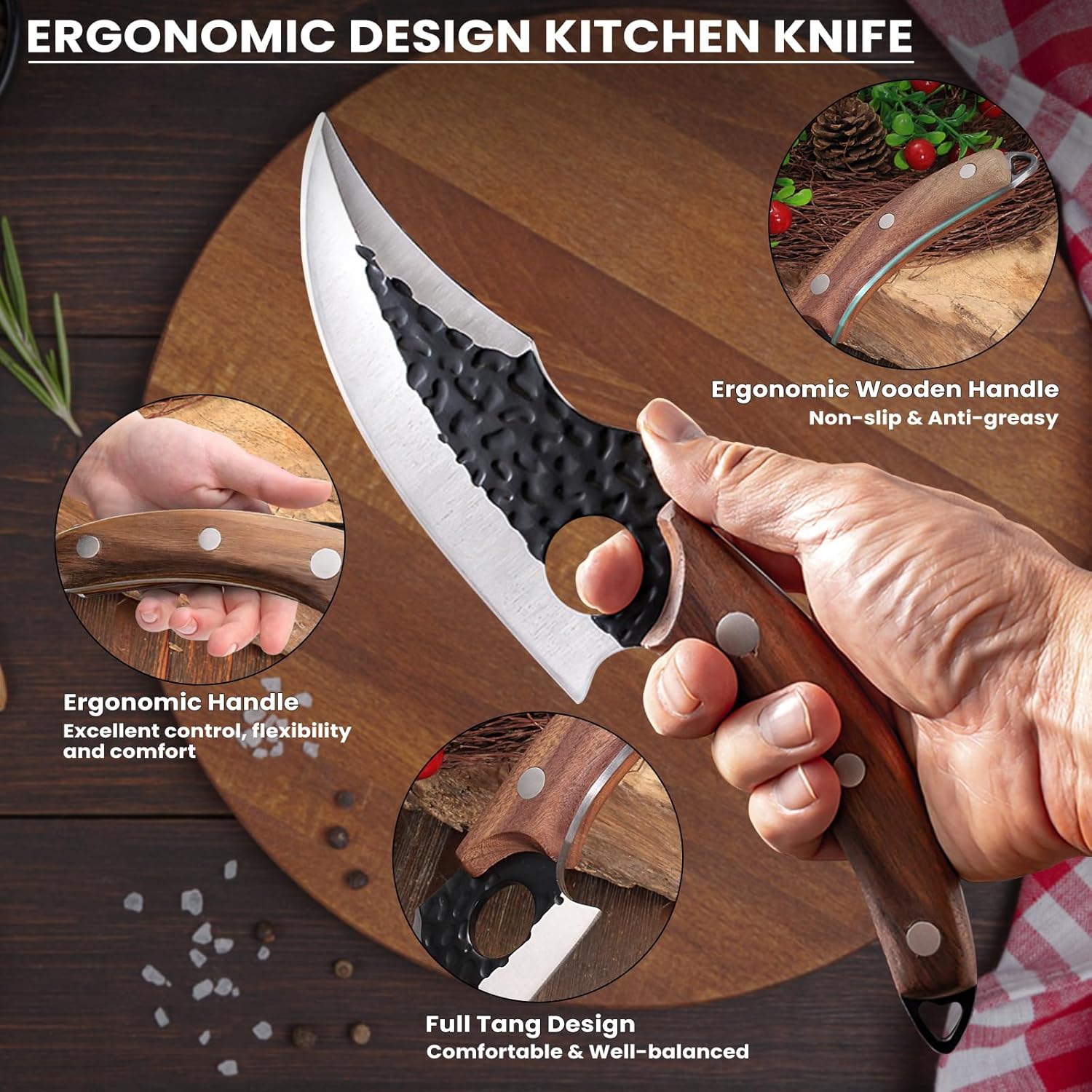 MDHAND chef knife with high carbon steel blade, wooden handle, sheath, and gift box, ideal for meat cutting, camping, and outdoor cooking