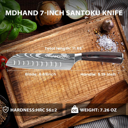 MDHAND 8-inch Japanese chef knife with high carbon German stainless steel blade and ergonomic pakkawood handle for precise cooking.