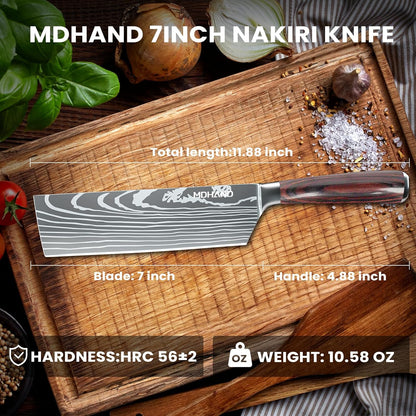 MDHAND 8-inch Japanese chef knife with high carbon German stainless steel blade and ergonomic pakkawood handle for precise cooking.