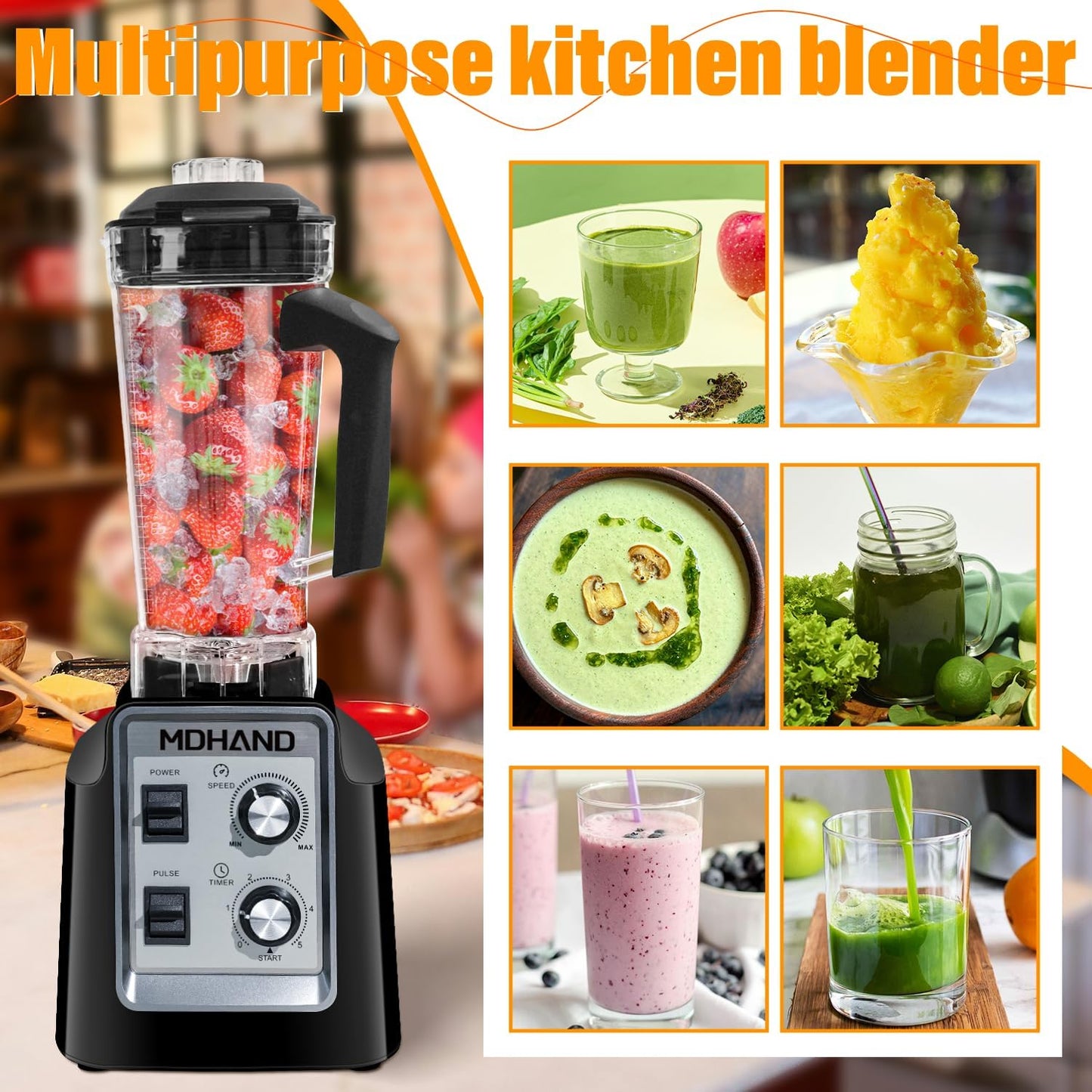 MDHAND 1400W professional blender with 68 oz pitcher and two 18 oz cups, ideal for smoothies, frozen drinks, and ice crushing
