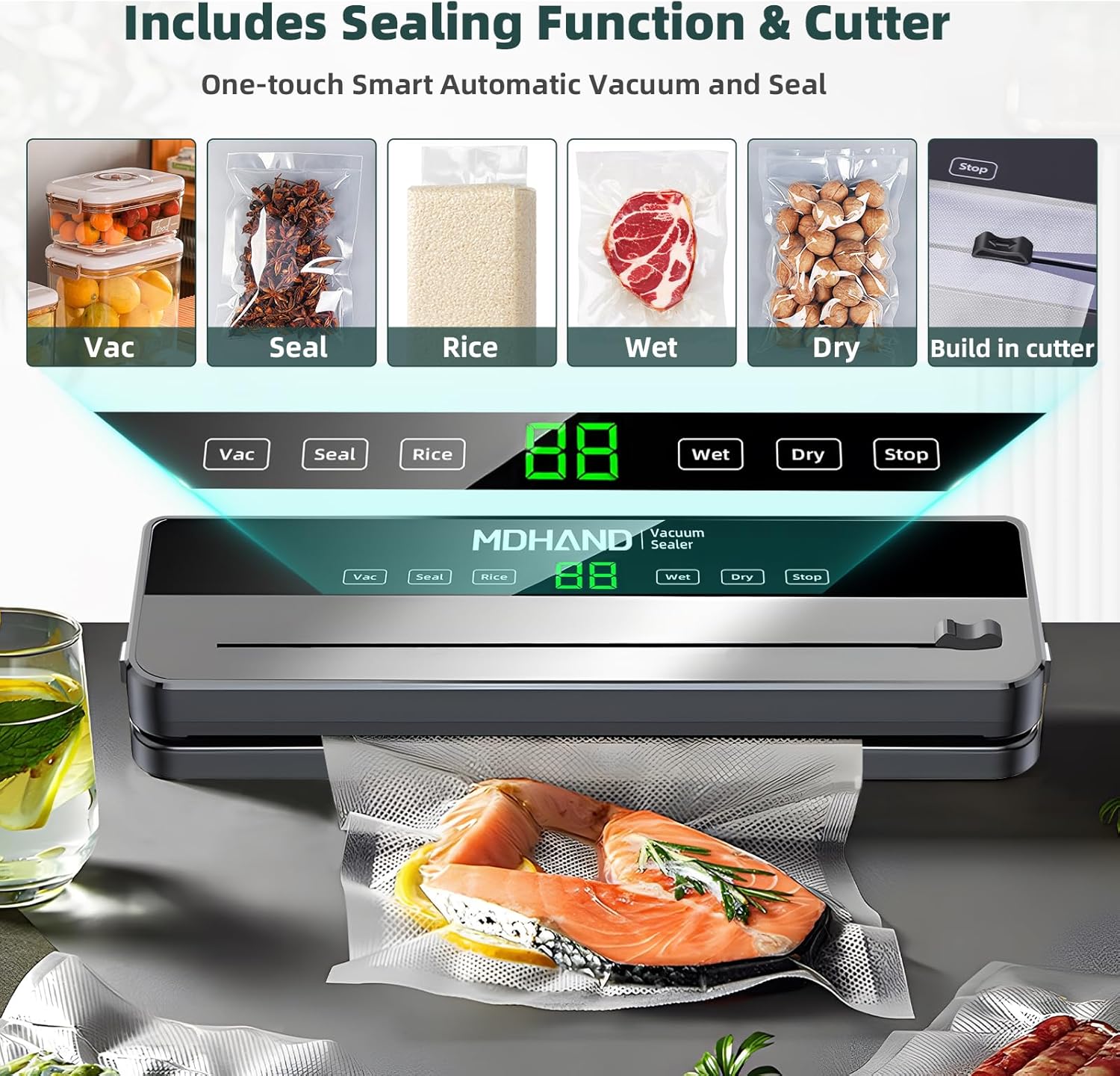 MDHAND vacuum sealer machine with 30 bags, built-in cutter, automatic sealing, and dual dry/moist modes for home kitchen use