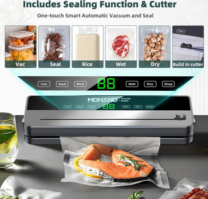 MDHAND vacuum sealer machine with 30 bags, built-in cutter, automatic sealing, and dual dry/moist modes for home kitchen use