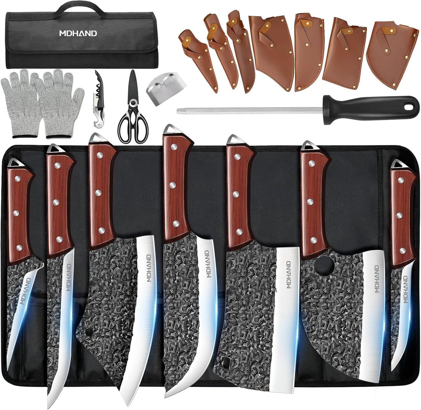 MDHAND 14-piece chef knife set with forged high carbon steel including butcher, meat cleaver, boning, Viking knives, and a knife bag