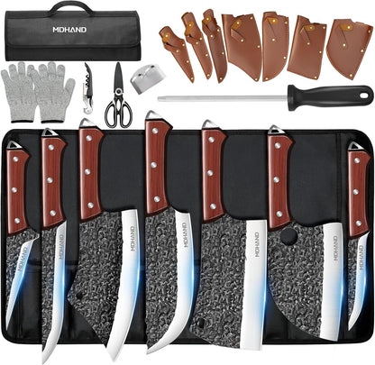 MDHAND 14-piece chef knife set with forged high carbon steel including butcher, meat cleaver, boning, Viking knives, and a knife bag